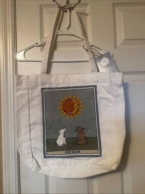 White Canvas Tote with Moon and Dogs